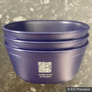 ES Precision Reusable-not-just-recyclable takeaway containers permanently UV laser marked with QR code and unique data.
